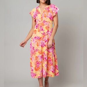 Floral Flutter Sleeve Midi Dress - size S